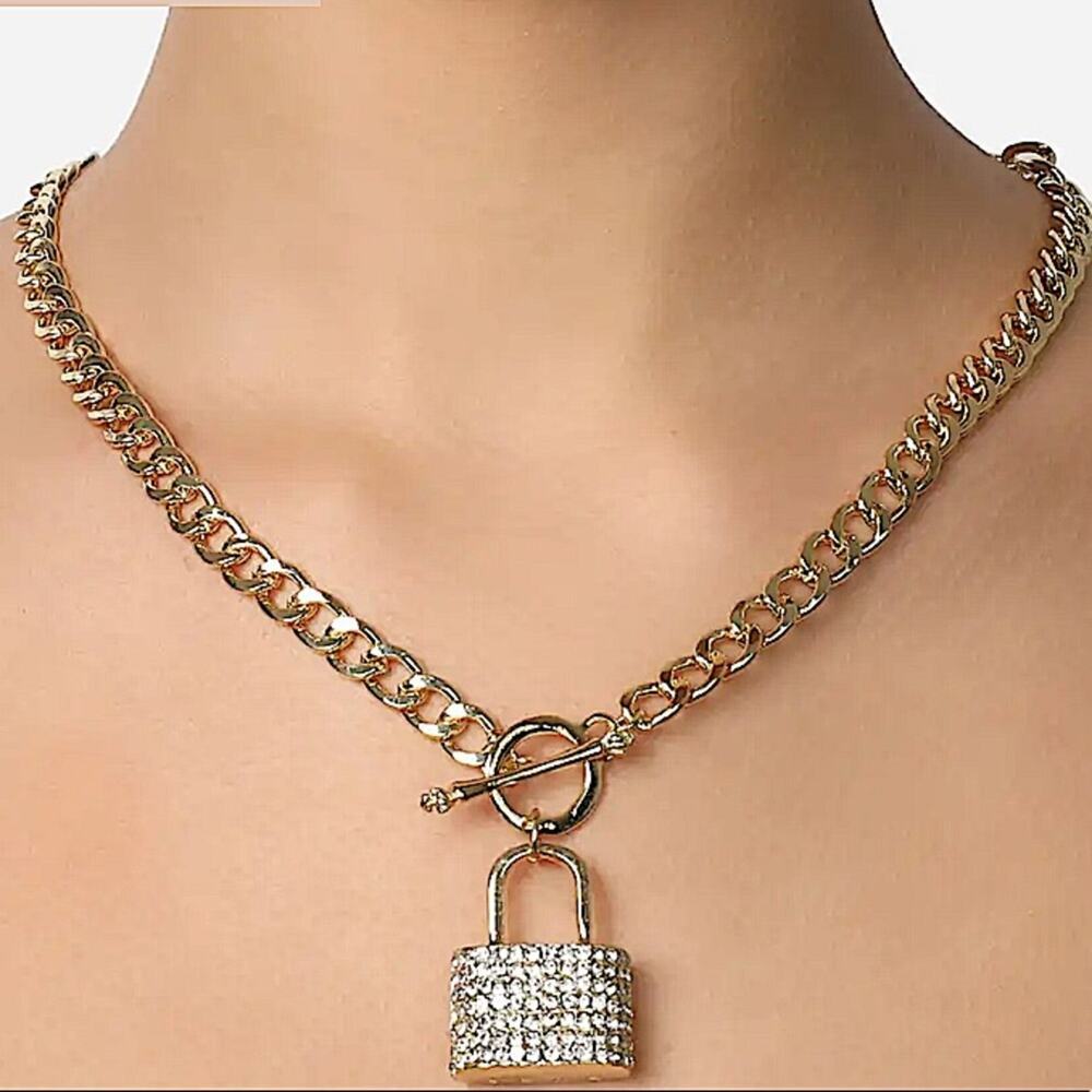 Gold Lock Rhinestone Chain Link Toggle Necklace